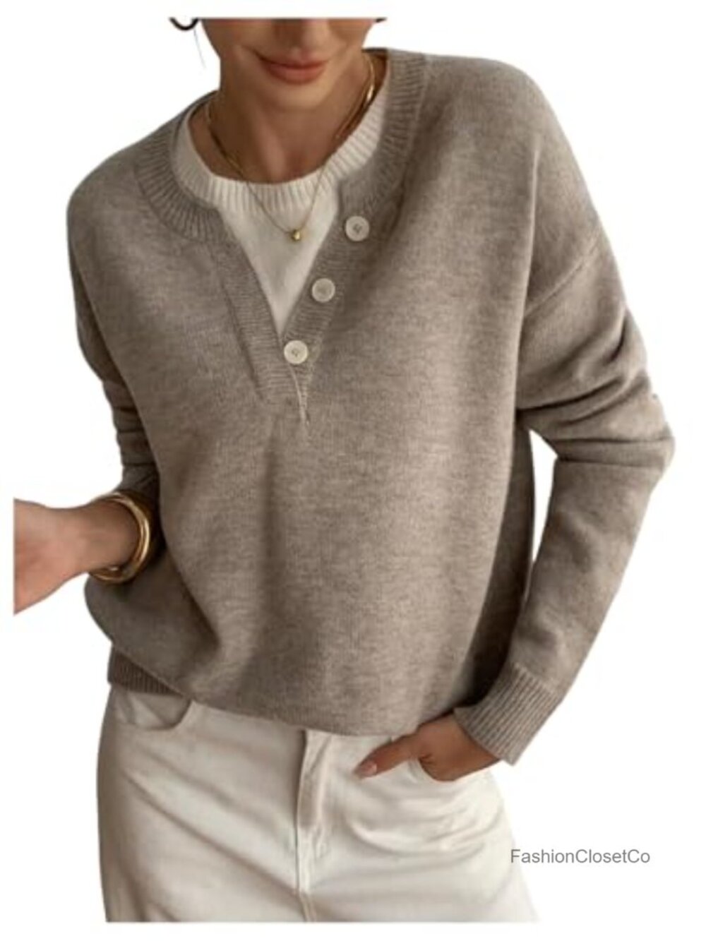 Women's Oversized Pullover Sweater with Button Front Long Sleeve - Soft & Cozy